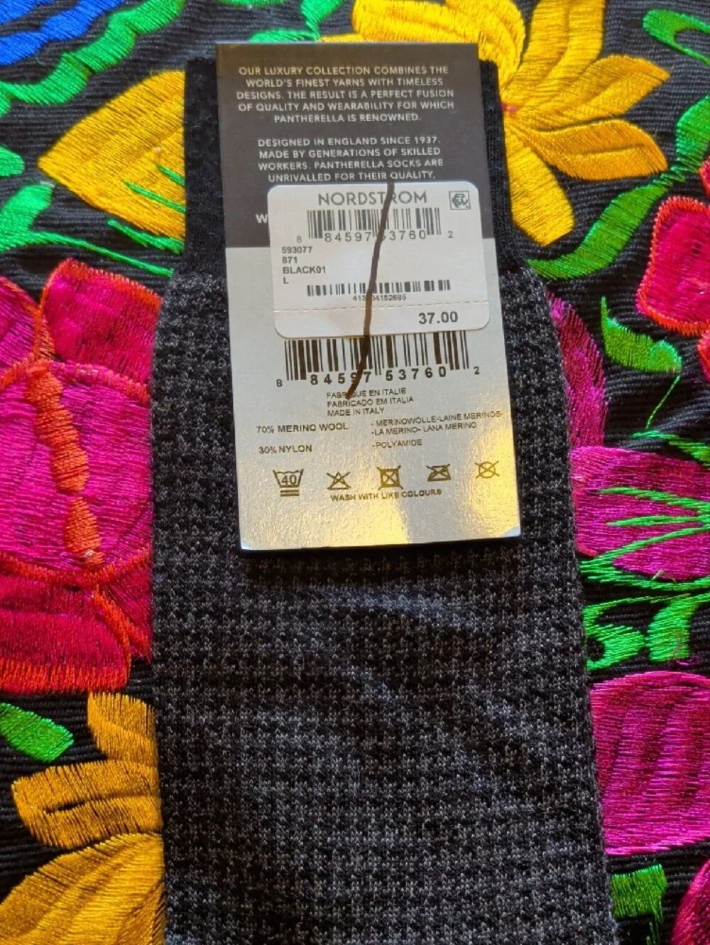Pantherella Black Textured Merino Wool Dress Socks